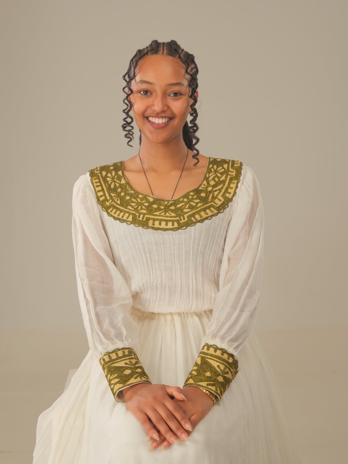 Green with Gold Tibeb Habesha Dress | Elegant Ethiopian Heritage