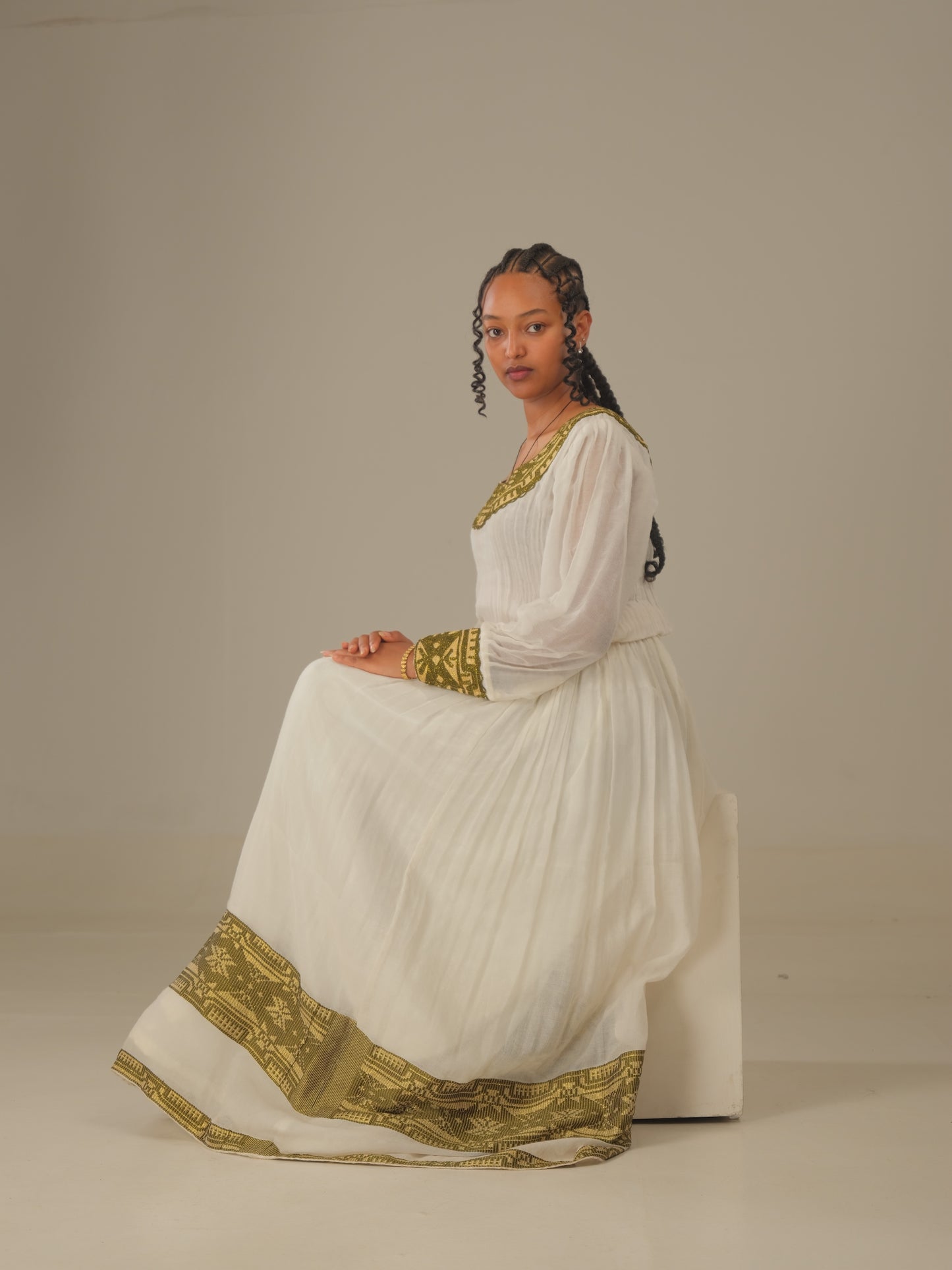 Green with Gold Tibeb Habesha Dress | Elegant Ethiopian Heritage
