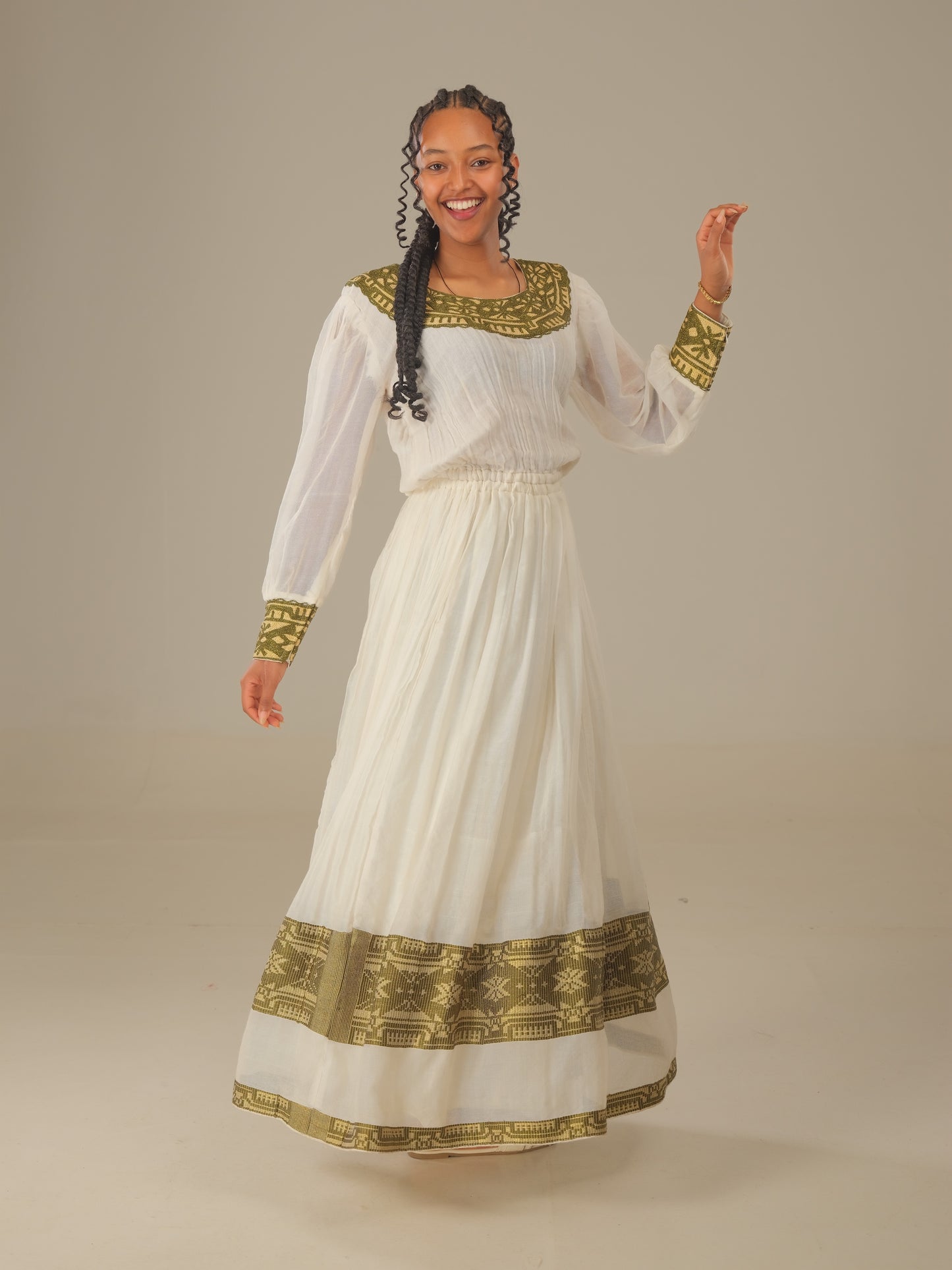Green with Gold Tibeb Habesha Dress | Elegant Ethiopian Heritage