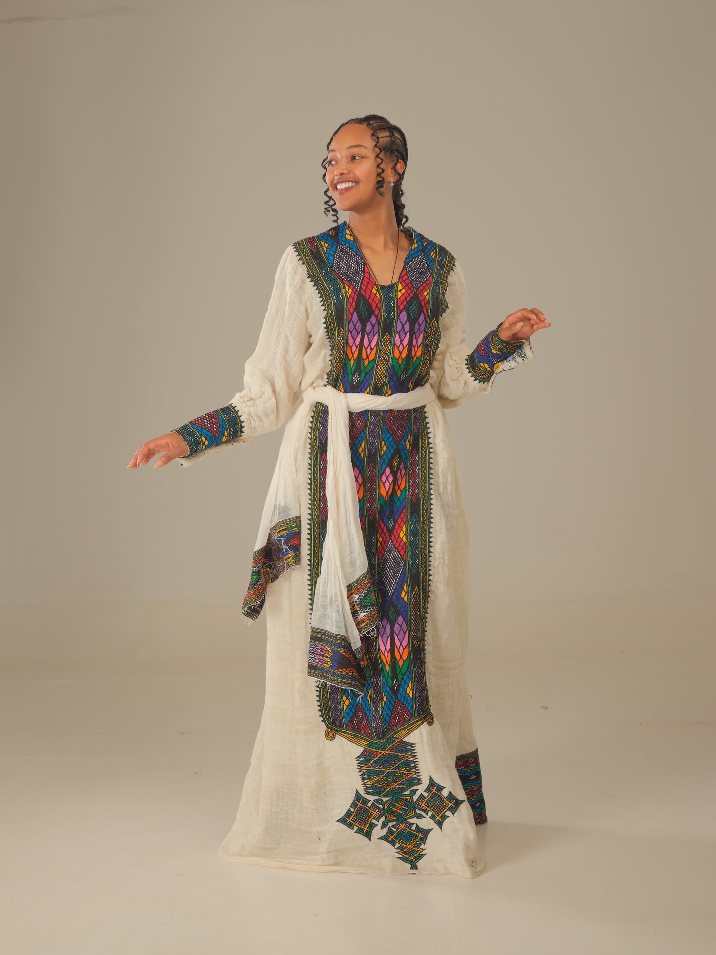 Dark Green with Purple Embroidery Axum Dress | Handwoven Ethiopian Luxury