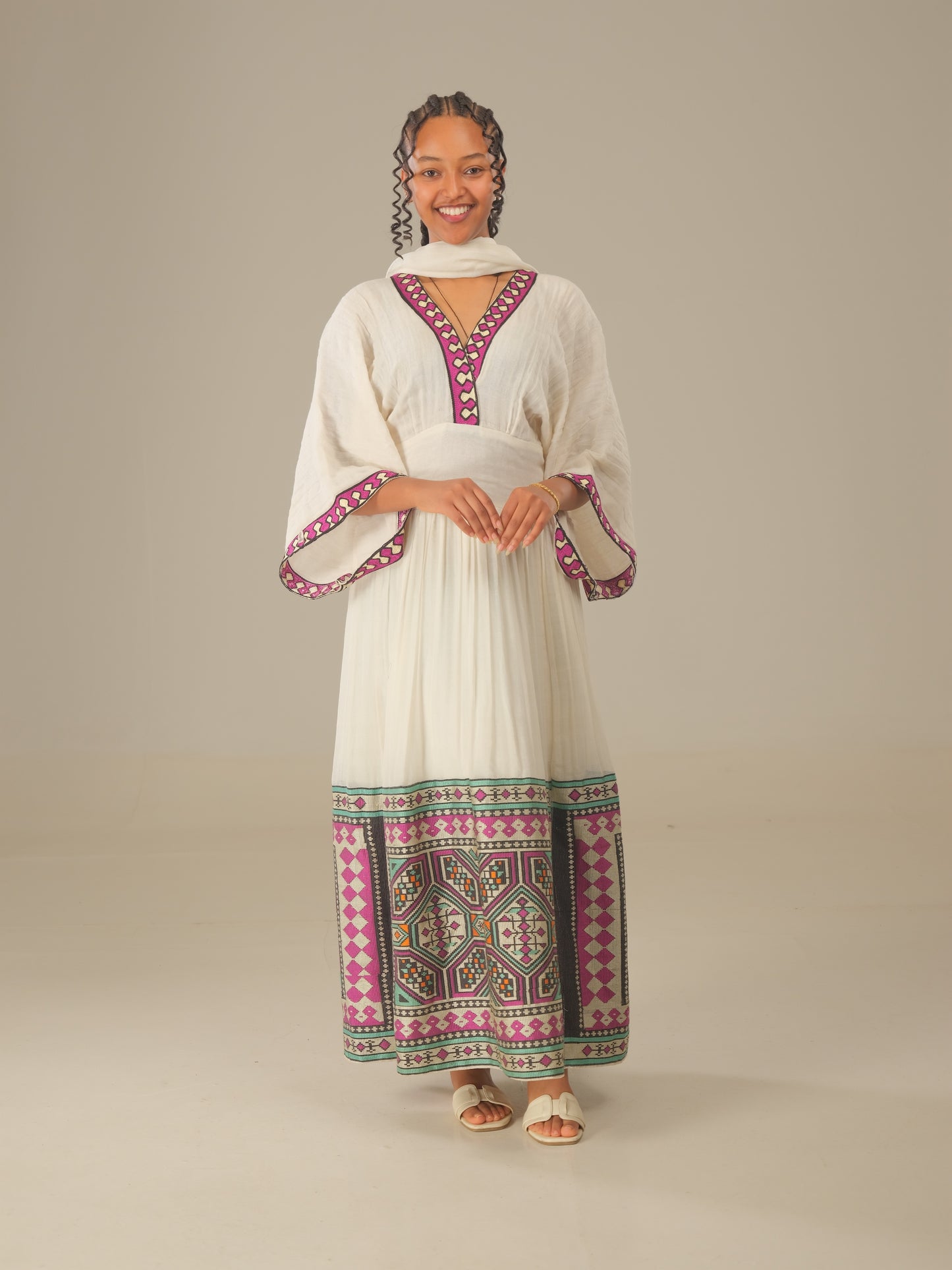 Royal Blue with Purple Tibeb & Embroidery Habesha Dress | Ethiopian Luxury