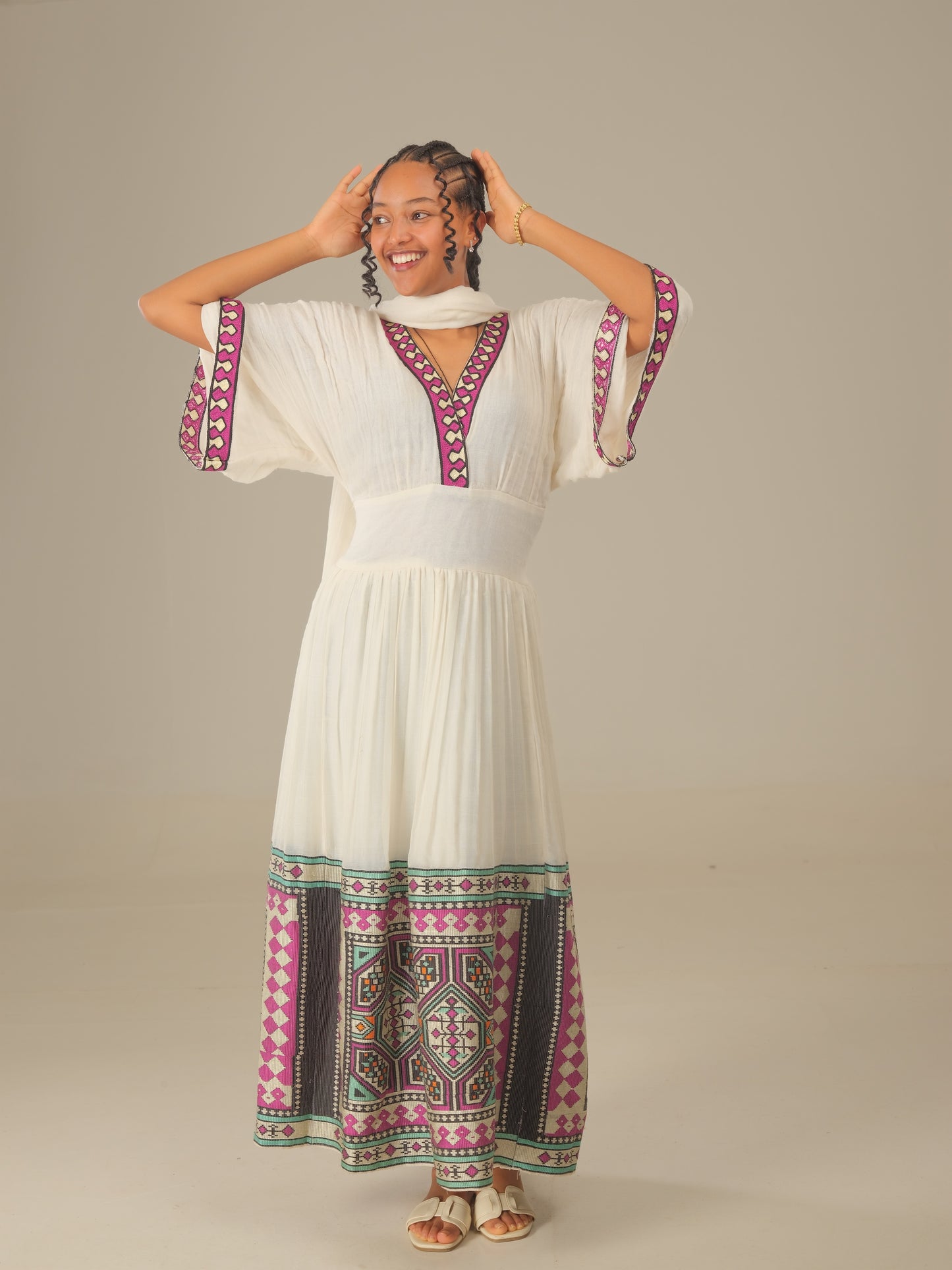 Royal Blue with Purple Tibeb & Embroidery Habesha Dress | Ethiopian Luxury