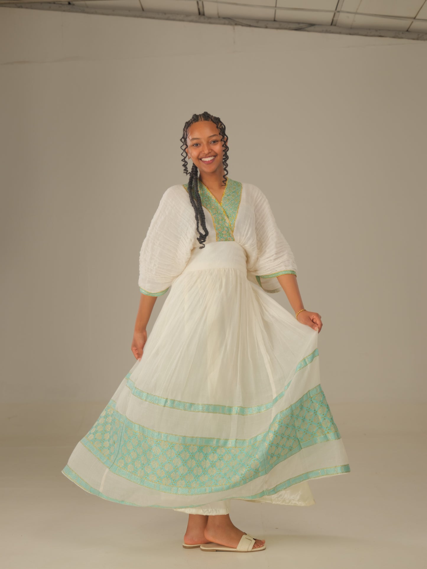 Sky Blue Habesha Tibeb Dress: Handwoven Ethiopian Elegance