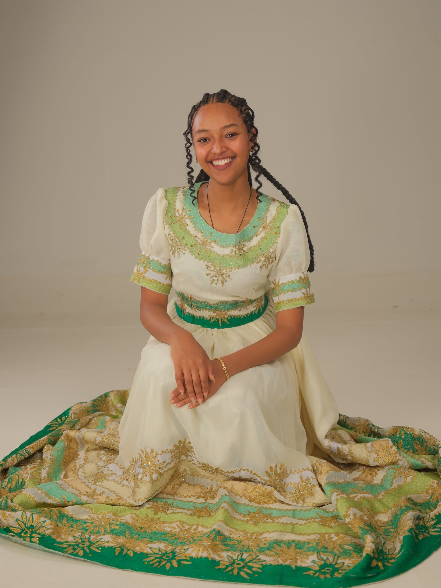 Ethiopian Wedding Dress | Cultural Wedding Attire | Green Embroidery with Precious Stone Beading