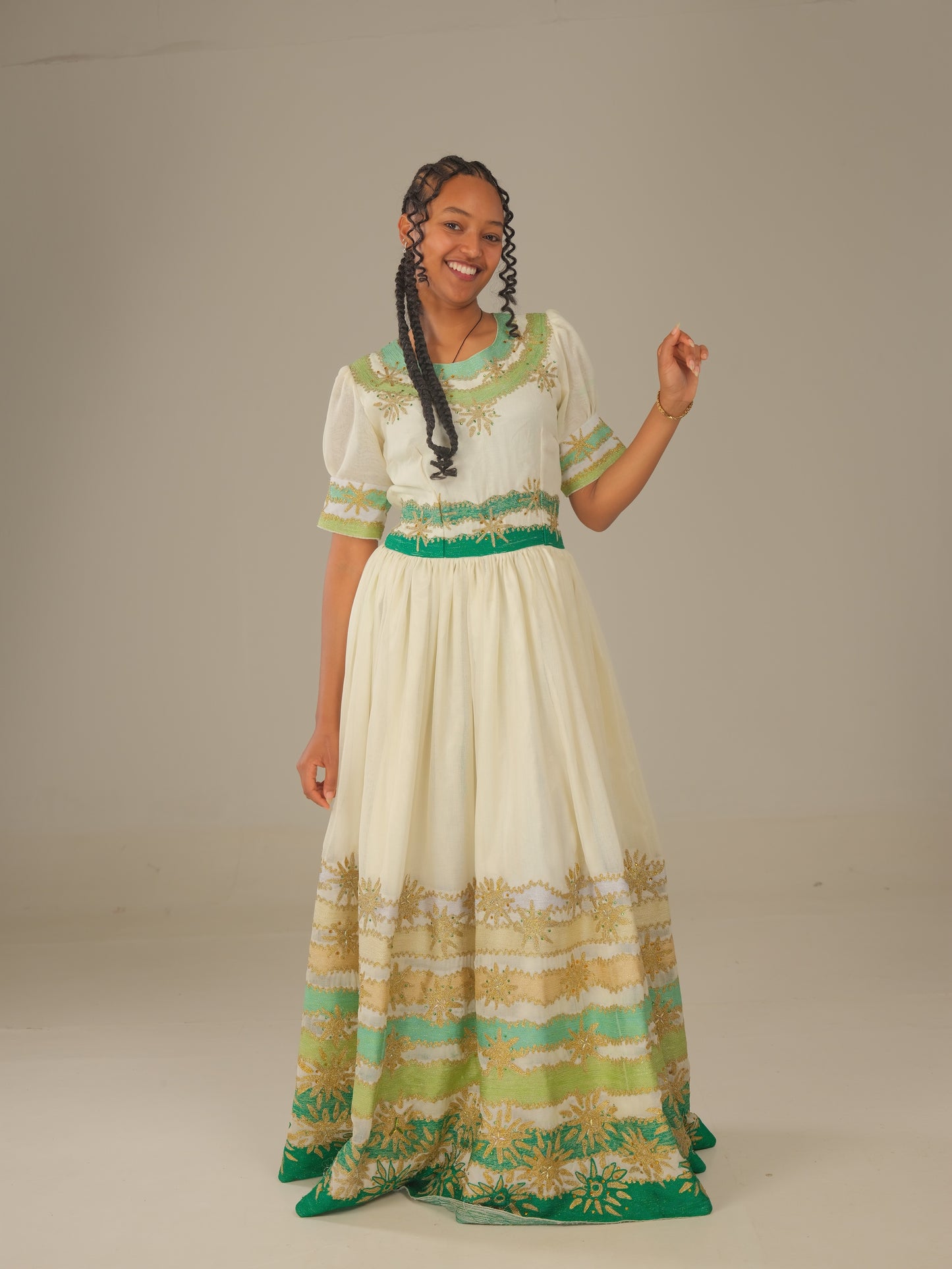 Ethiopian Wedding Dress | Cultural Wedding Attire | Green Embroidery with Precious Stone Beading