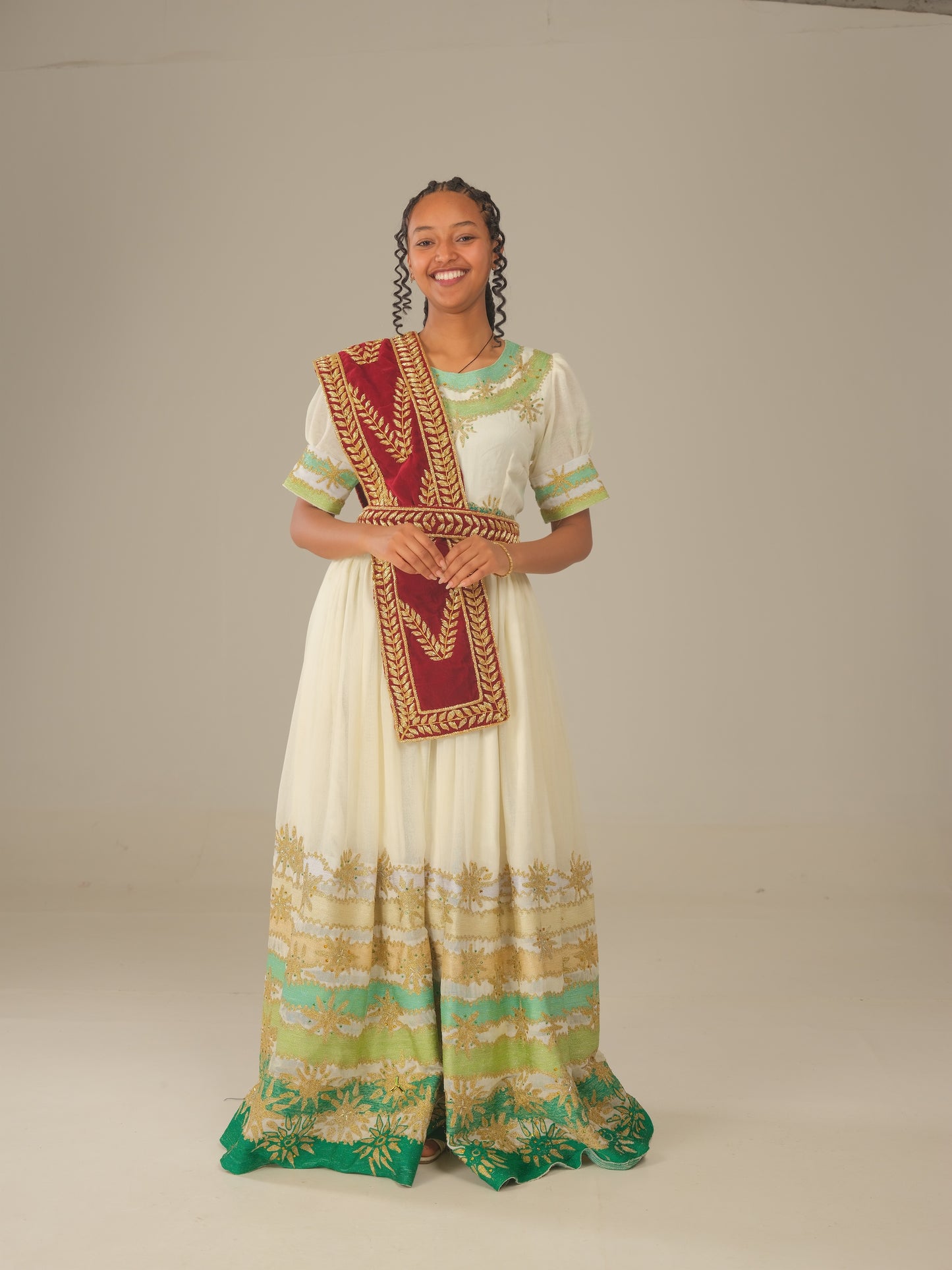 Ethiopian Wedding Dress | Cultural Wedding Attire | Green Embroidery with Precious Stone Beading