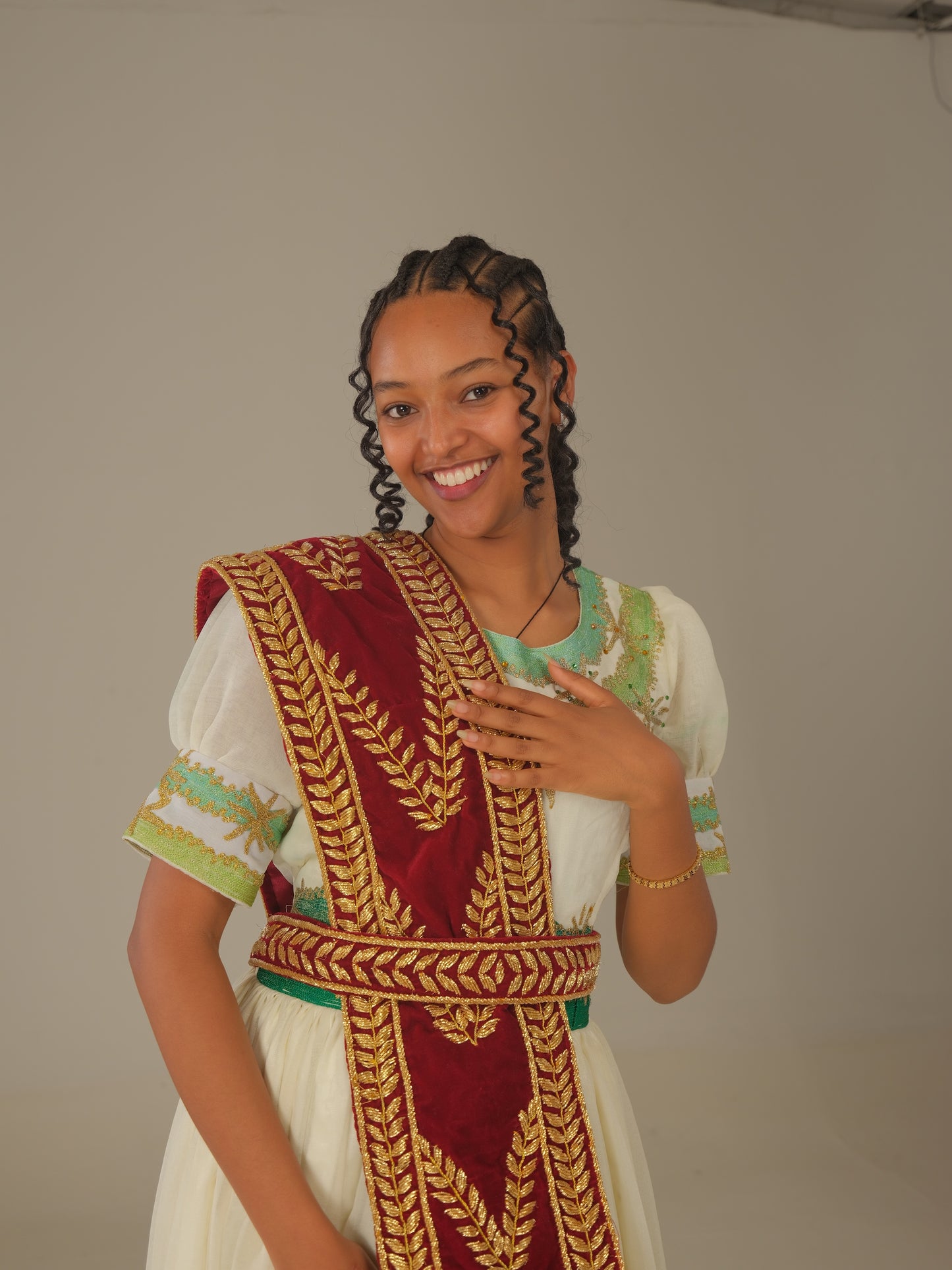 Ethiopian Wedding Dress | Cultural Wedding Attire | Green Embroidery with Precious Stone Beading