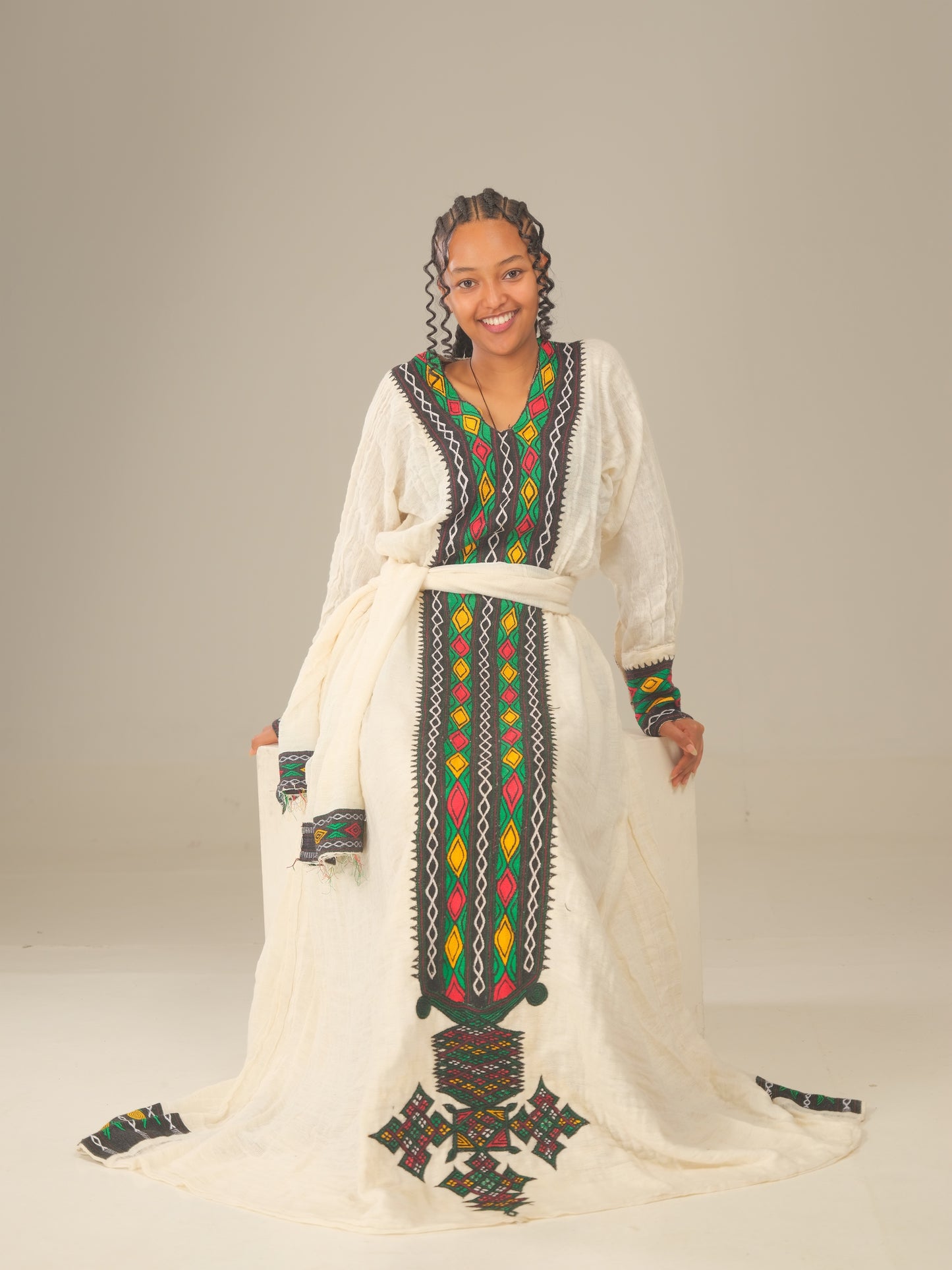 Axum Green Fetil Dress – Hand-Embroidered Elegance