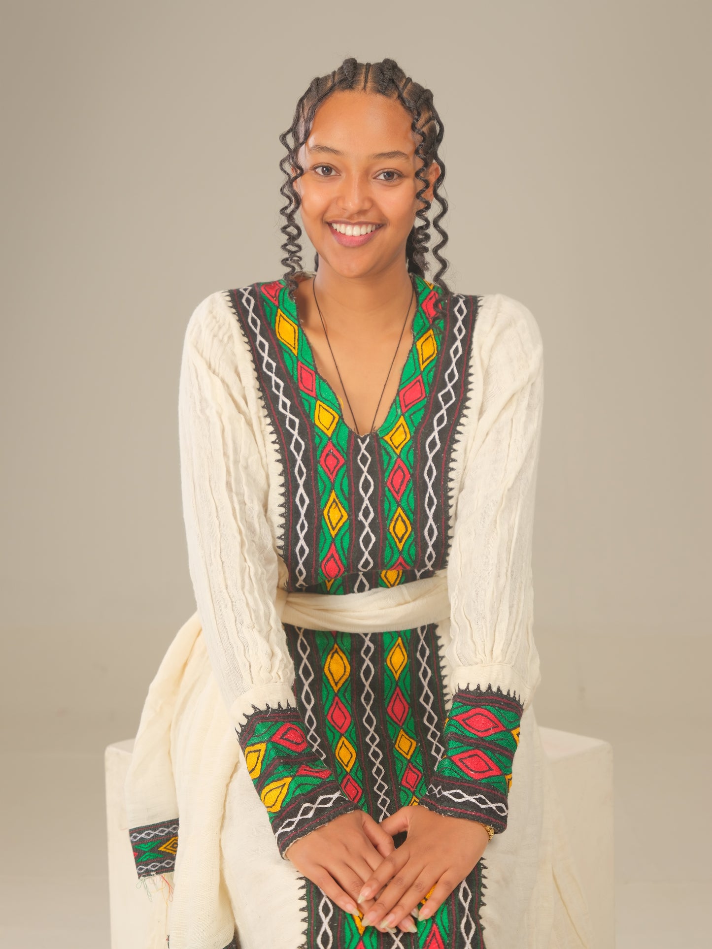Axum Green Fetil Dress – Hand-Embroidered Elegance