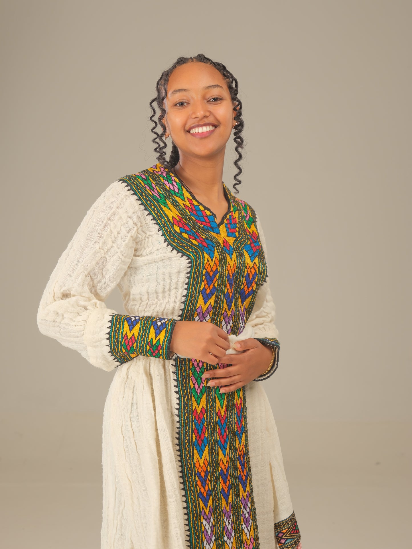 Yellow with Lemon Green Axum Dress | Embroidered Habesha Elegance