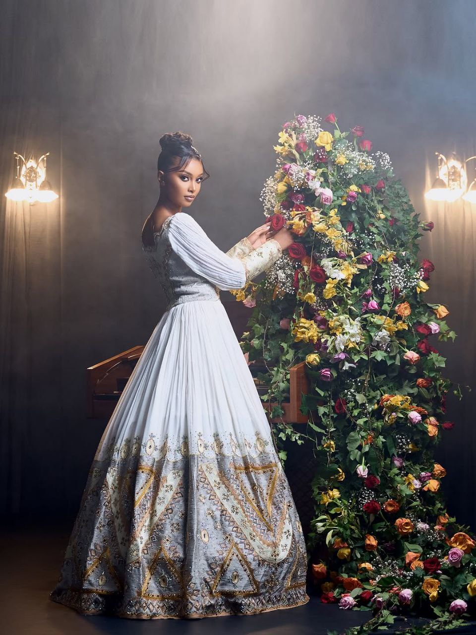 Elegant Grey Habesha Wedding Dress with Cross Embroidery – Traditional Ethiopian Bridal Gown | Shiromeda Threads