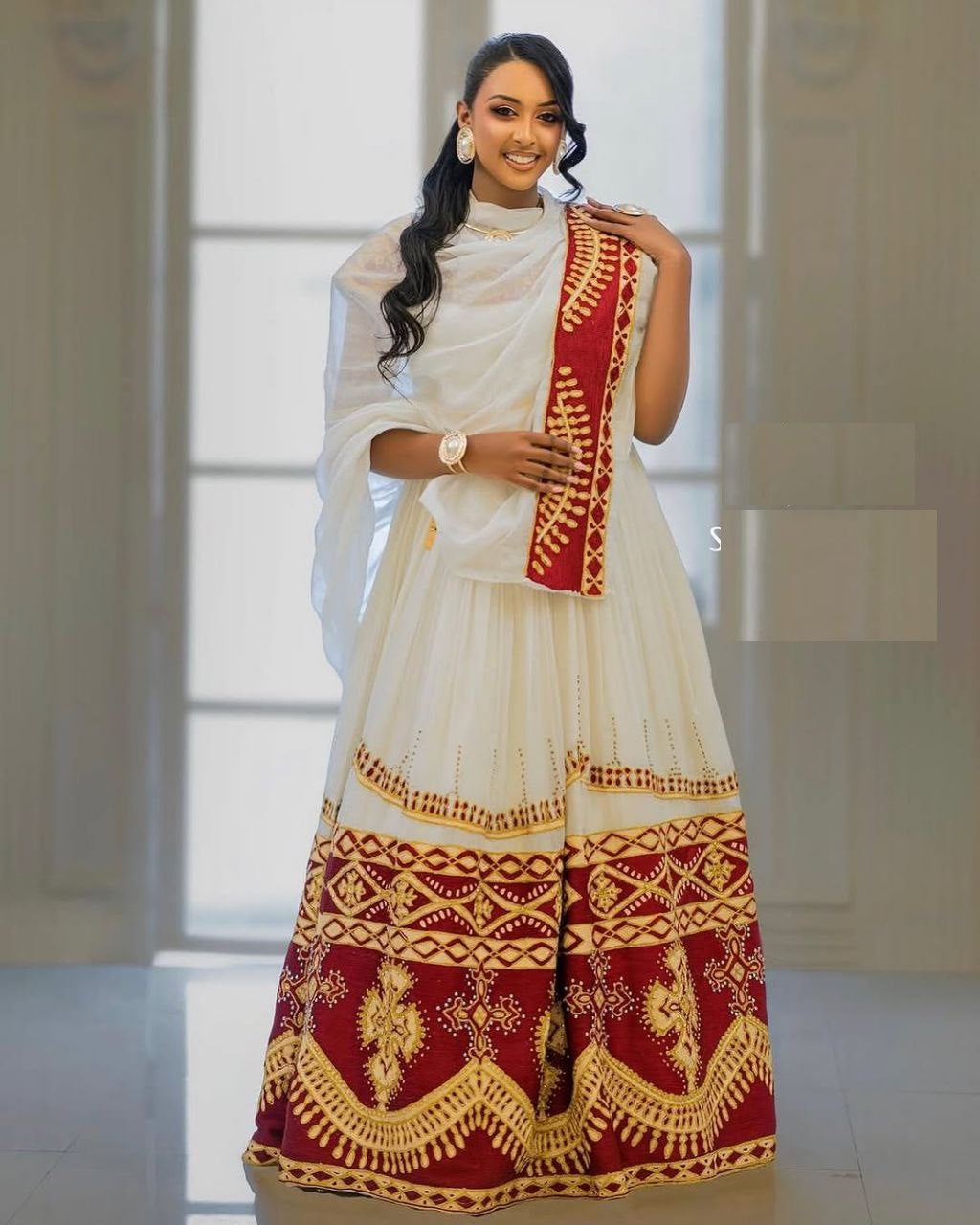 Radiant Red Ethiopian Wedding Dress & Groom’s Set – Cross Design Elegance | Shiromeda Threads