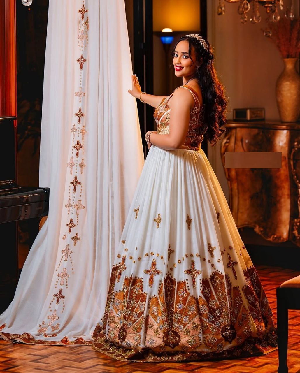 Sleeveless Habesha Wedding Dress & Groom’s Set – Orange & Brown Cross Embroidery | Shiromeda Threads