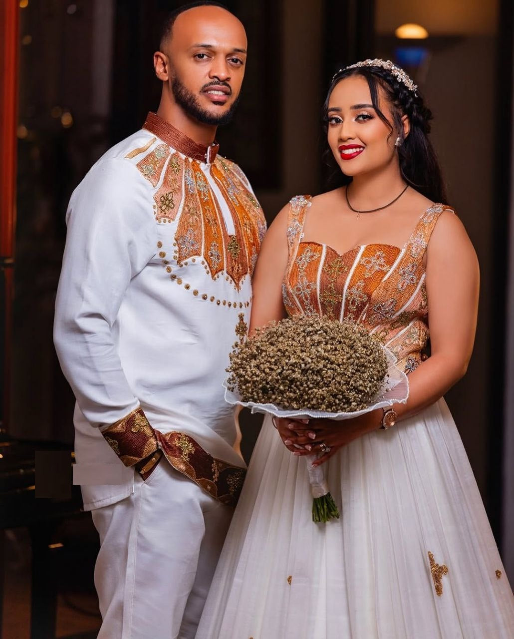 Sleeveless Habesha Wedding Dress & Groom’s Set – Orange & Brown Cross Embroidery | Shiromeda Threads