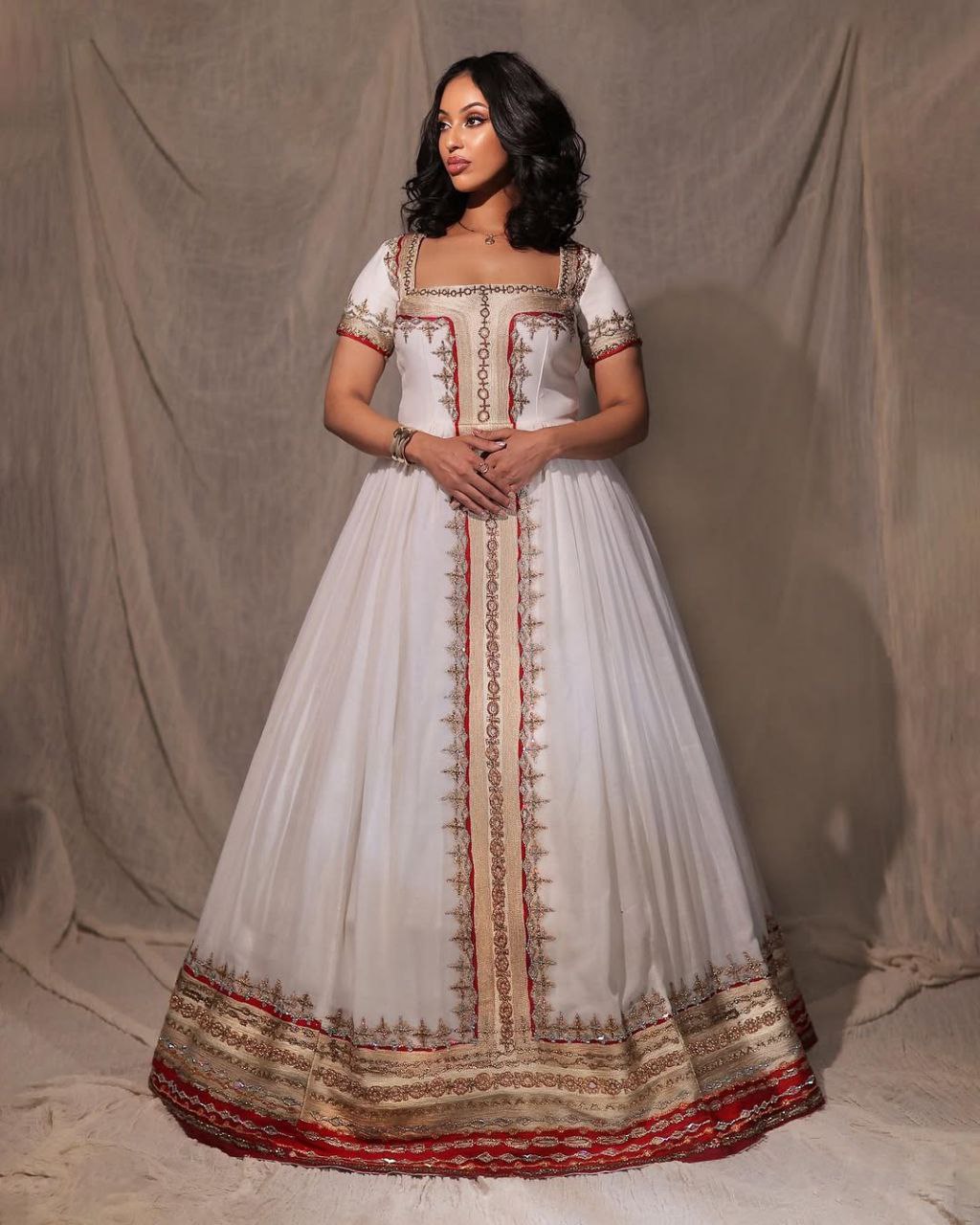Red & Gold Cross Embroidered Ethiopian Wedding Dress – Royal Elegance | Shiromeda Threads