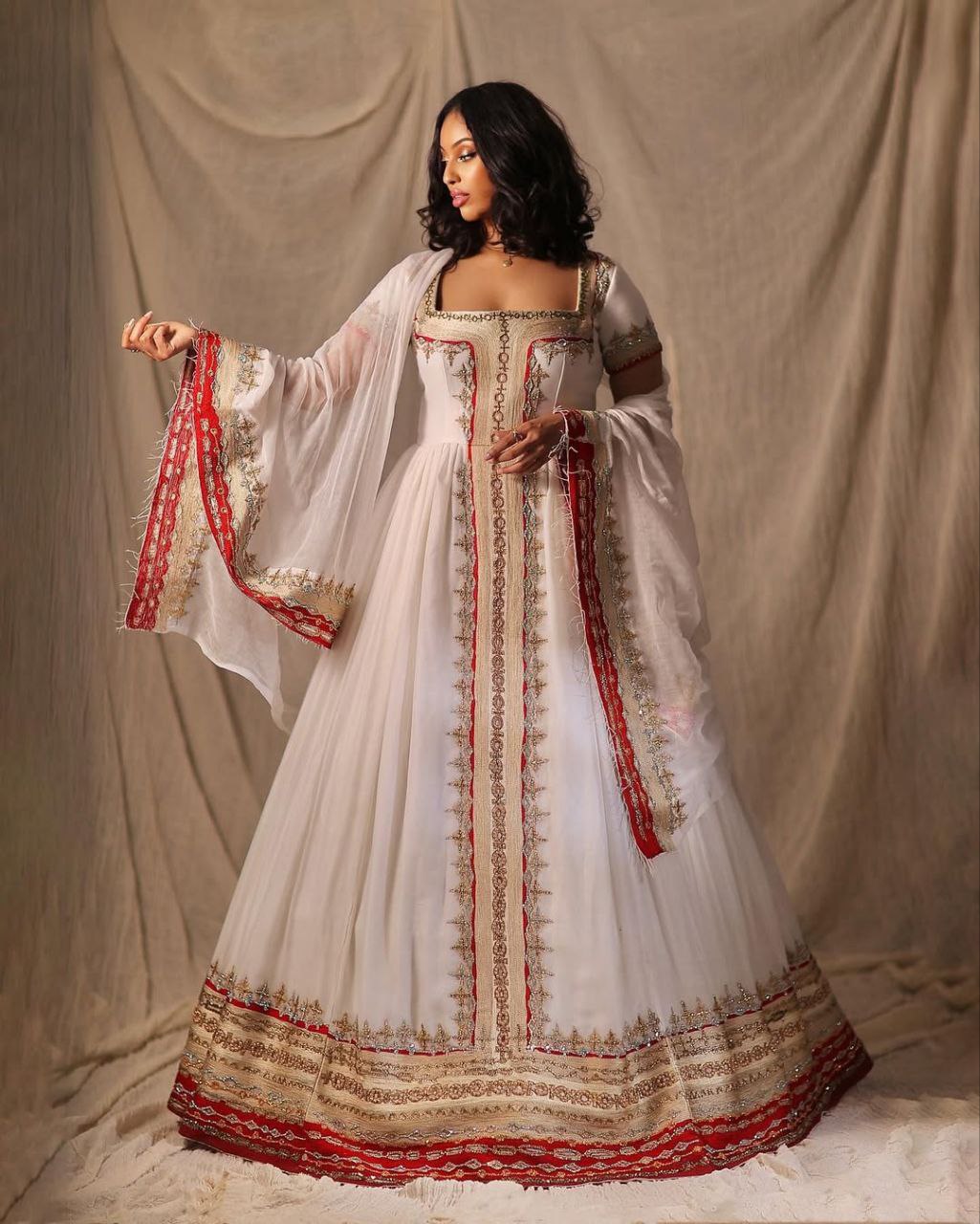 Red & Gold Cross Embroidered Ethiopian Wedding Dress – Royal Elegance | Shiromeda Threads