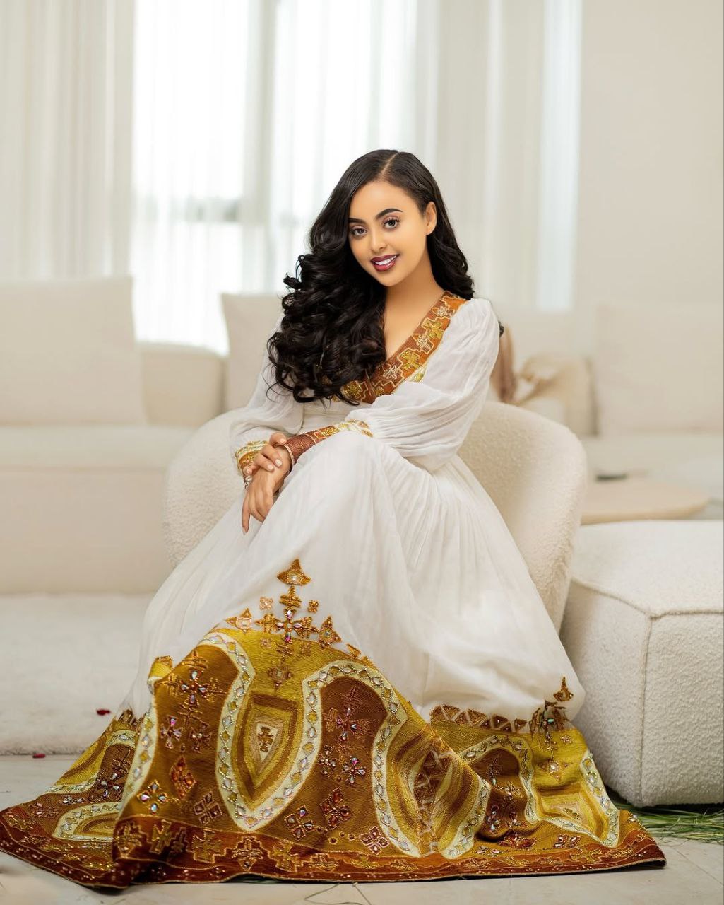 V-Neck Ethiopian Event Dress – Brown-Themed Embroidery Elegance | Shiromeda Threads