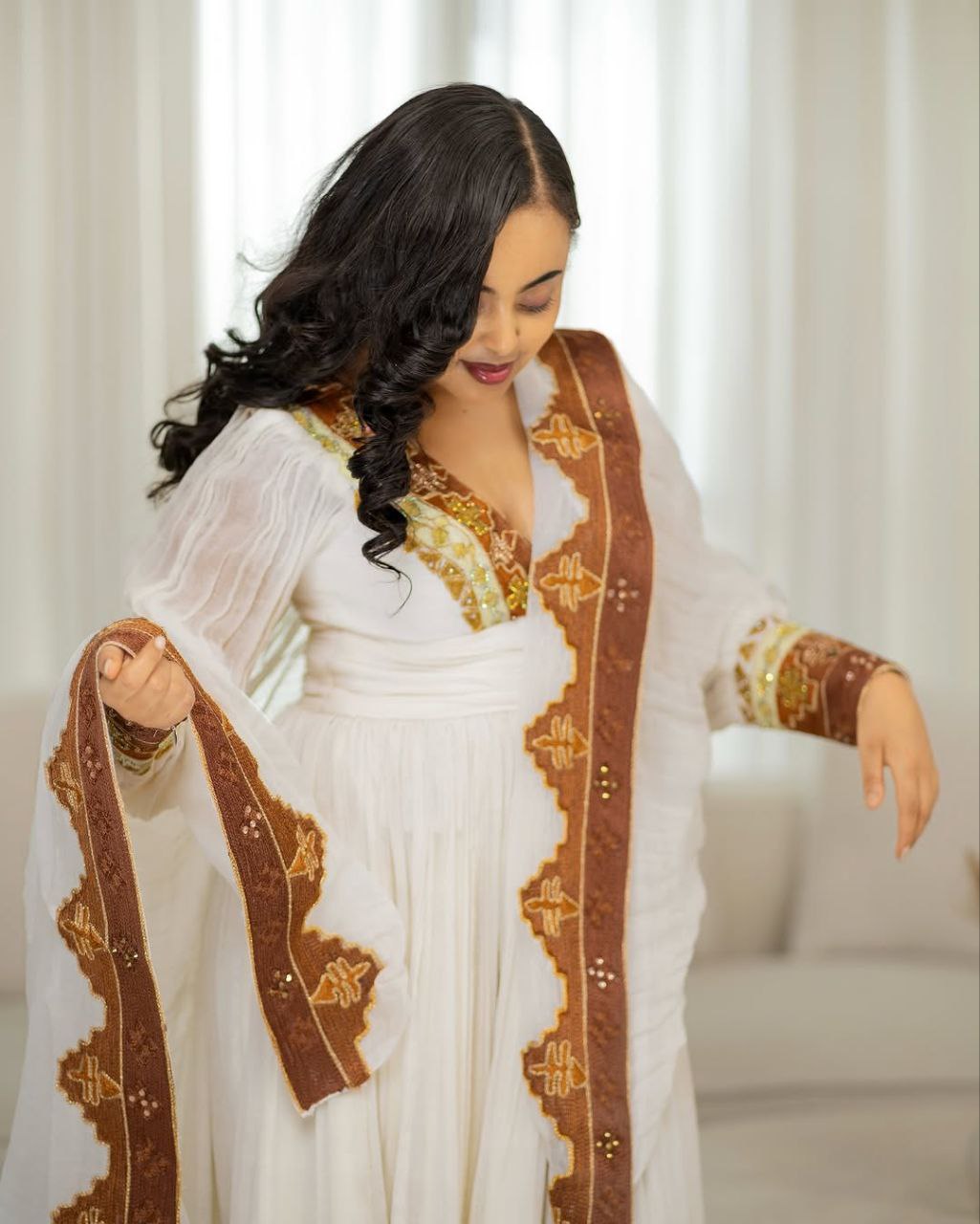 V-Neck Ethiopian Event Dress – Brown-Themed Embroidery Elegance | Shiromeda Threads