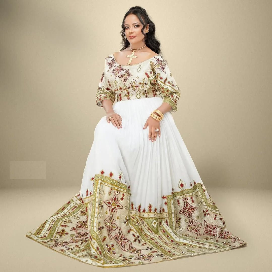 Green-Themed Embroidered Ethiopian Wedding & Event Dress Shimmering Shiromeda Threads Green-Themed Embroidered Ethiopian Wedding & Event Dress Shimmering Shiromeda Threads