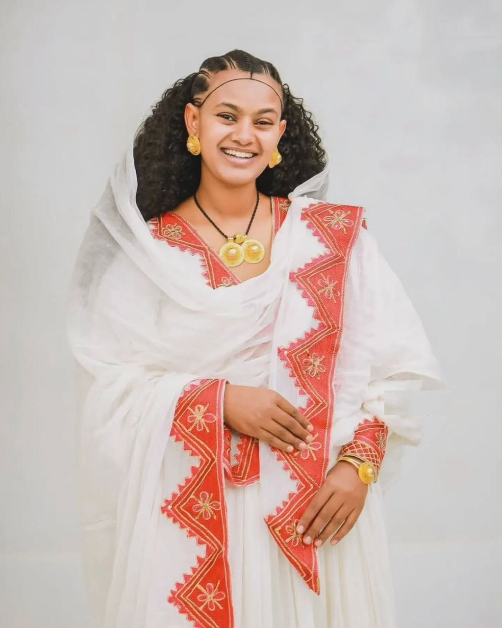 Simple Ethiopian Wedding Dress & Groom’s Set – Orange Embroidery Elegance | Shiromeda Threads