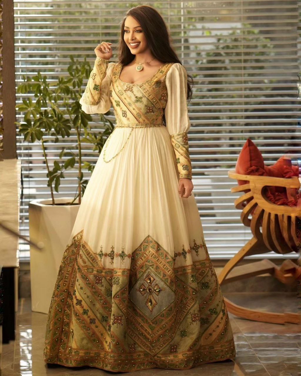 Lemon-Themed Ethiopian Wedding Dress – Cross Design & Radiant Detail | Shiromeda Threads