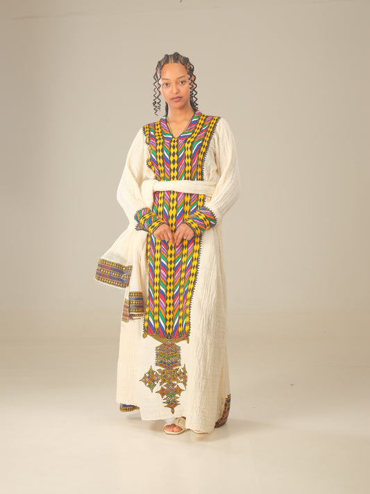 Axum Heritage Yellow Hand Embroidery Dress | Ethiopian | Habesha