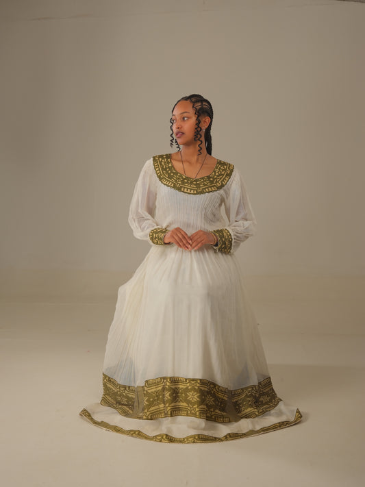Green with Gold Tibeb Habesha Dress | Elegant Ethiopian Heritage