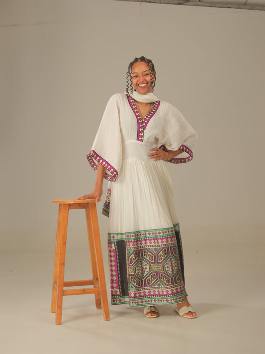 Royal Blue with Purple Tibeb &amp; Embroidery Habesha Dress | Ethiopian Luxury