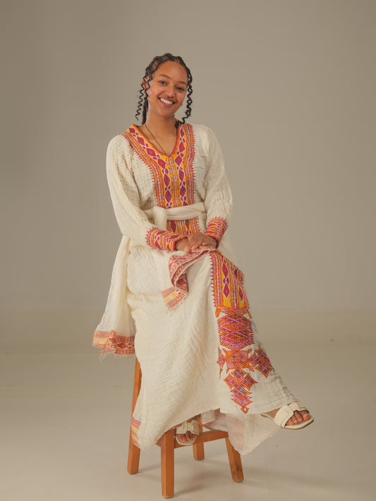 Orange Tilf Axum Habesha Dress with Hand Embroidery