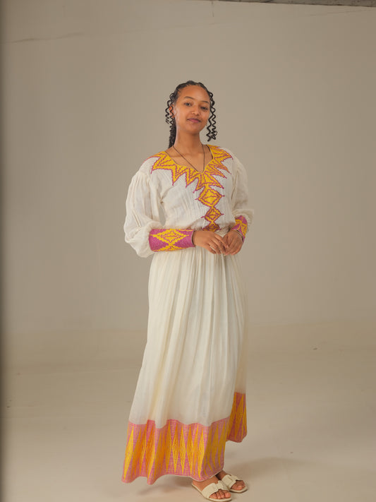 Orange Habesha Tibeb Dress: Handwoven Ethiopian Elegance