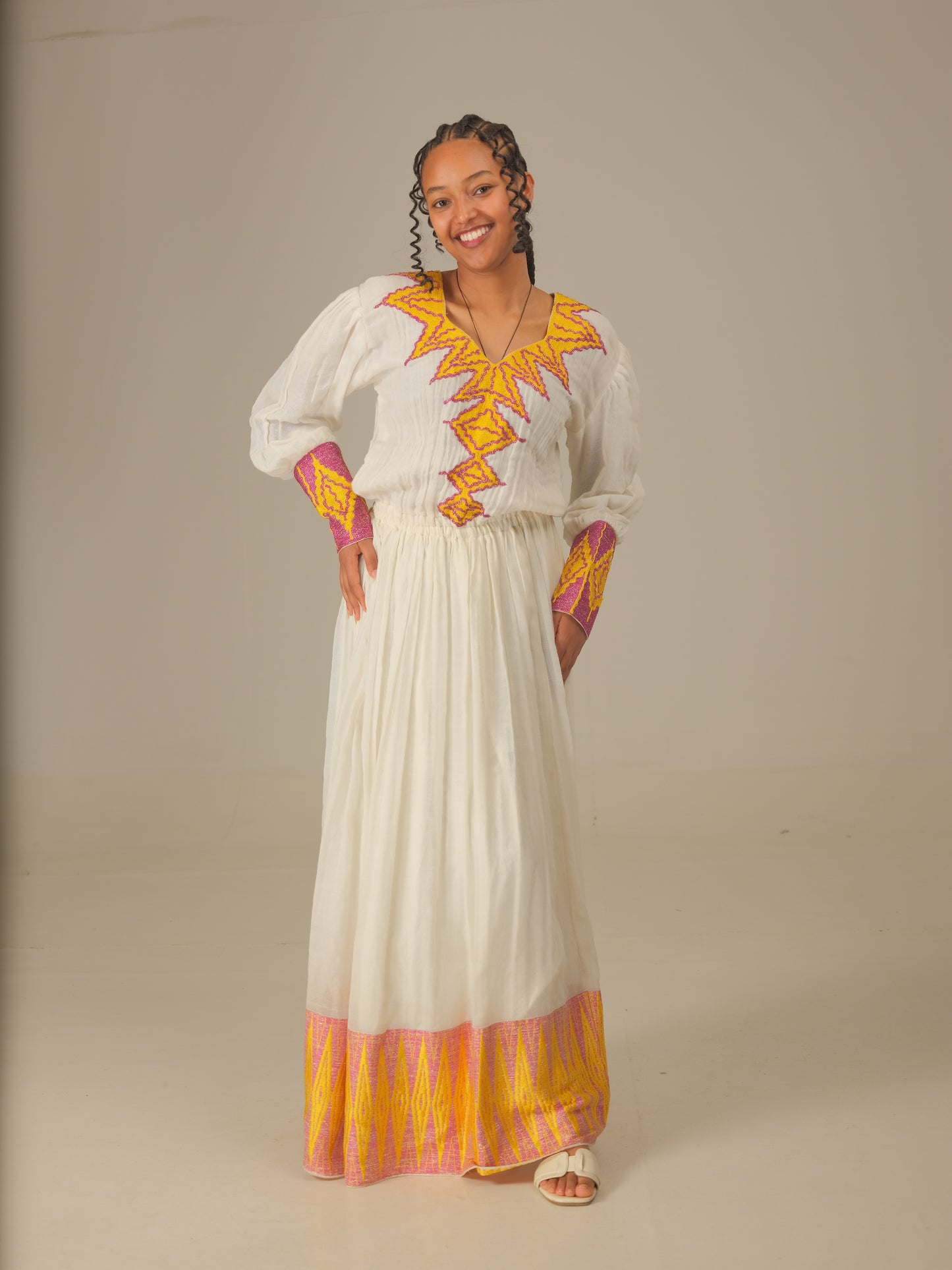 Orange Habesha Tibeb Dress: Handwoven Ethiopian Elegance