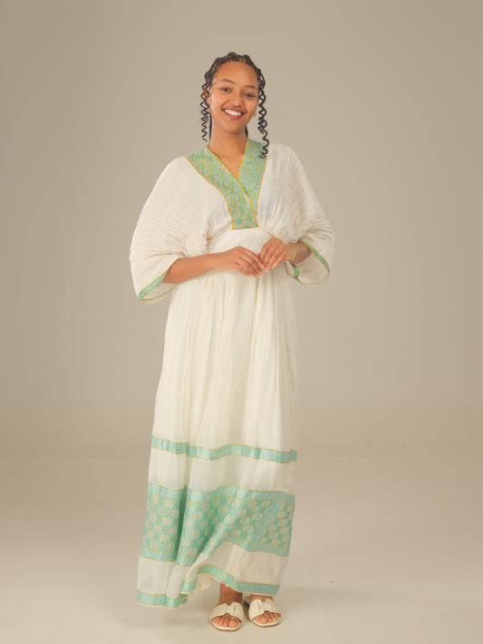 Sky Blue Habesha Tibeb Dress: Handwoven Ethiopian Elegance