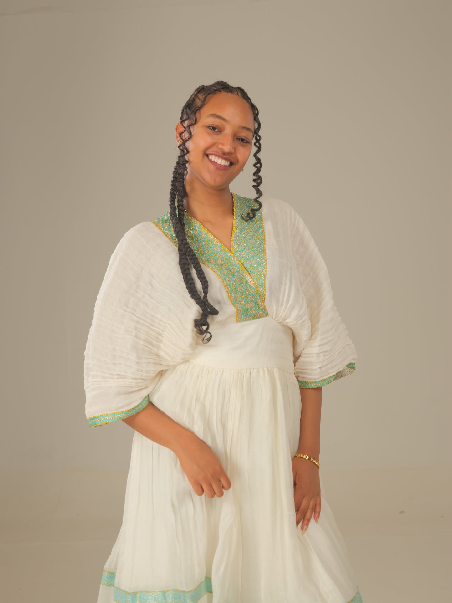 Sky Blue Habesha Tibeb Dress: Handwoven Ethiopian Elegance
