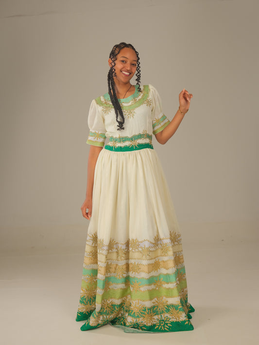 Ethiopian Wedding Dress | Cultural Wedding Attire | Green Embroidery with Precious Stone Beading