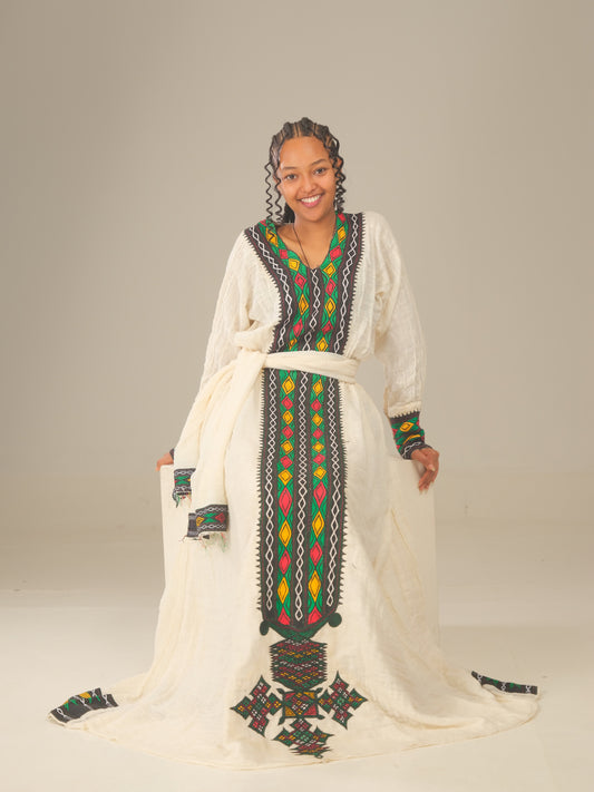 Axum Green Fetil Dress – Hand-Embroidered Elegance