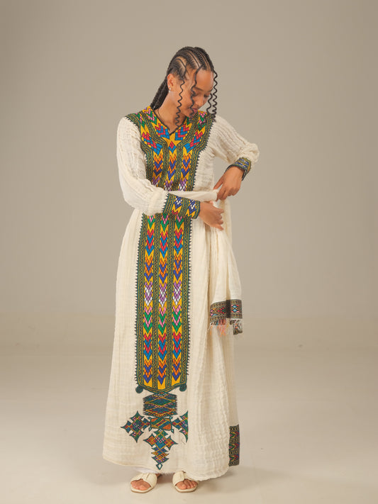 Yellow with Lemon Green Axum Dress | Embroidered Habesha Elegance