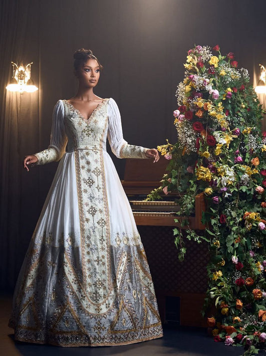 Elegant Grey Habesha Wedding Dress with Cross Embroidery – Traditional Ethiopian Bridal Gown | Shiromeda Threads