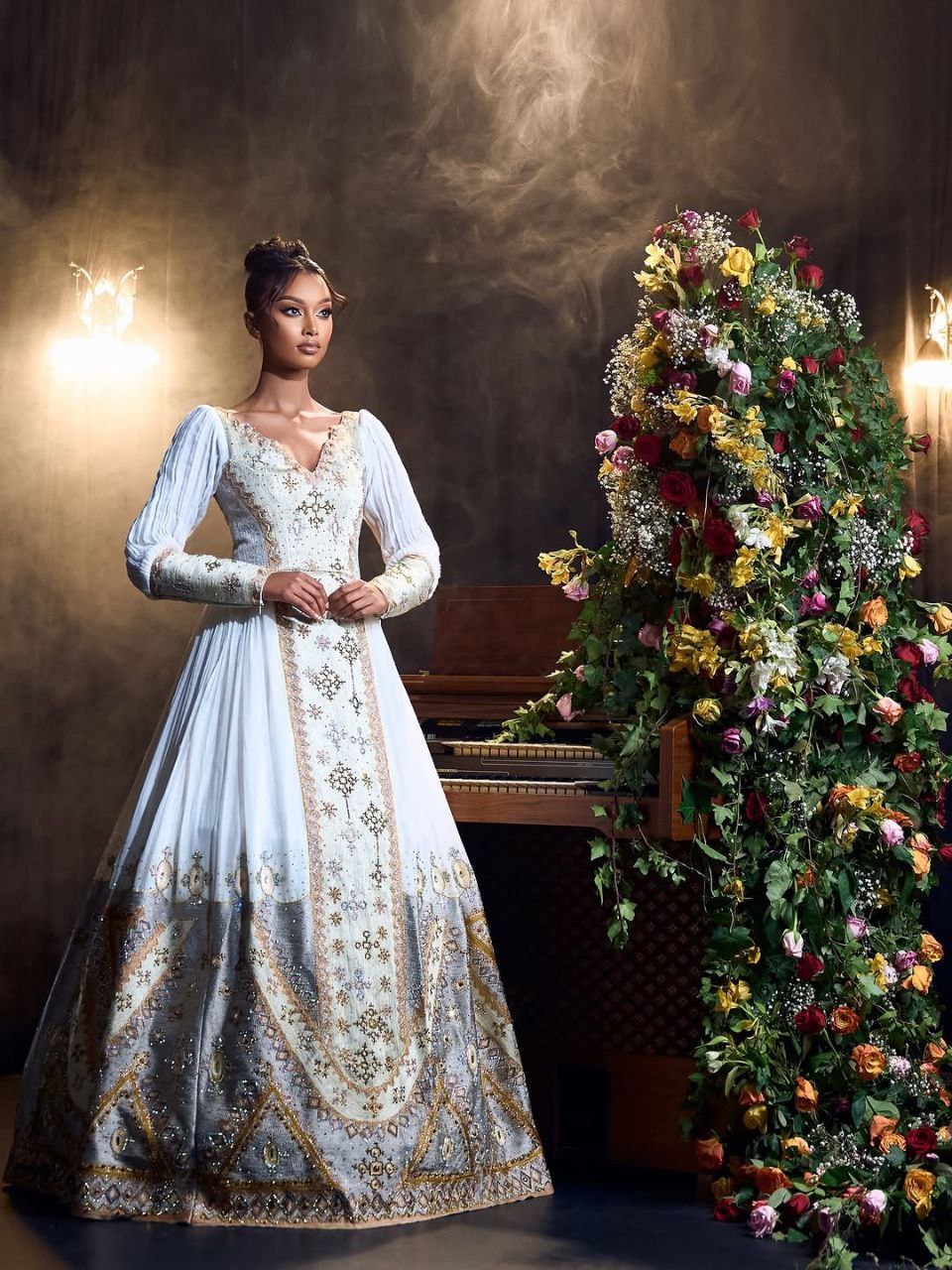 Elegant Grey Habesha Wedding Dress with Cross Embroidery – Traditional Ethiopian Bridal Gown | Shiromeda Threads