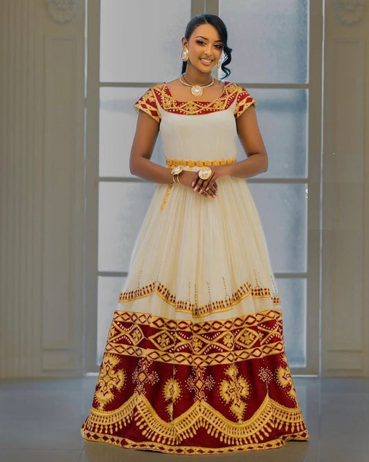 Radiant Red Ethiopian Wedding Dress & Groom’s Set – Cross Design Elegance | Shiromeda Threads