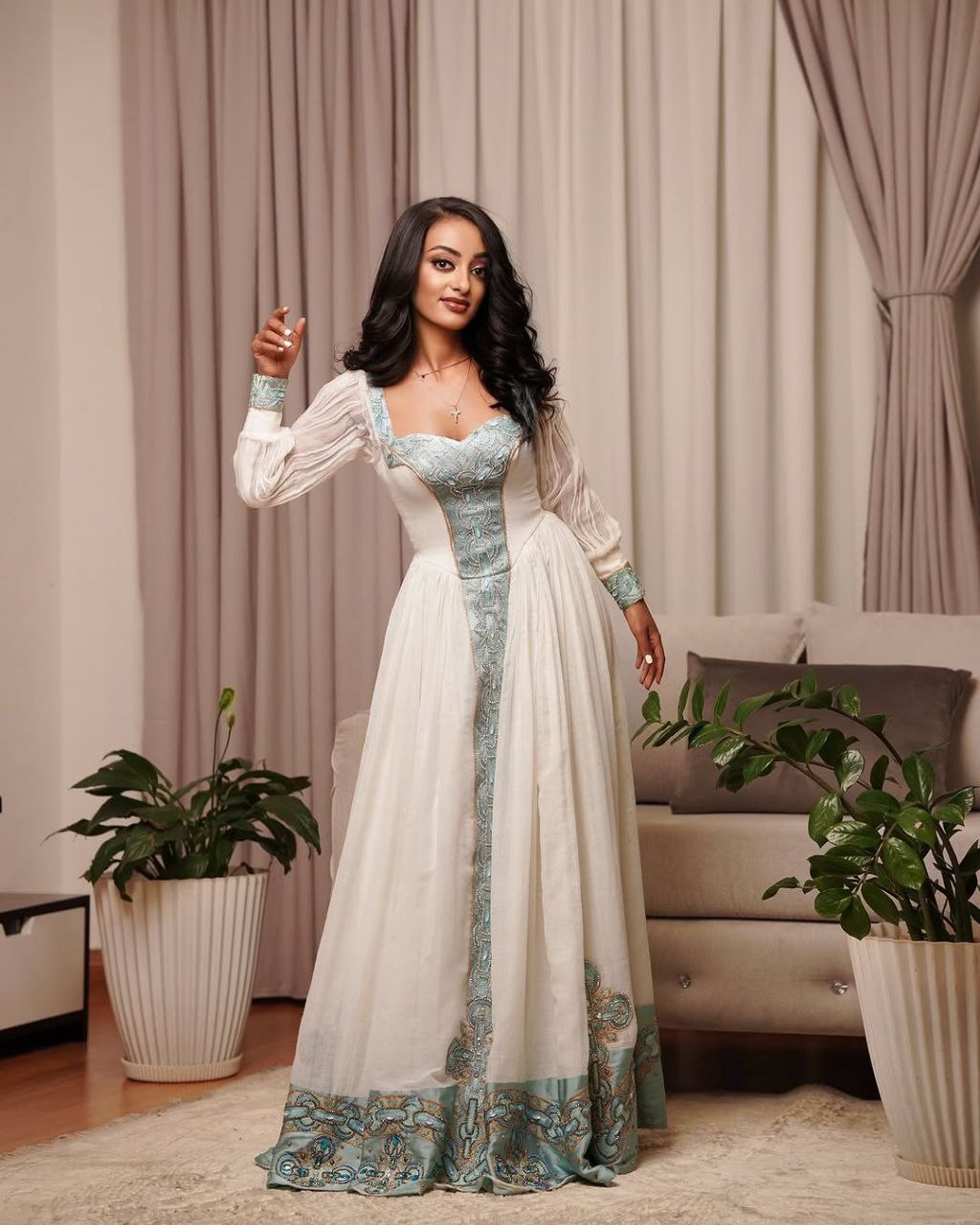 Sky Blue Embroidered Ethiopian Event Dress & Netela – Grace in Every Thread | Shiromeda Threads