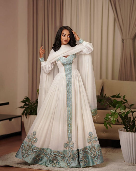 Sky Blue Embroidered Ethiopian Event Dress & Netela – Grace in Every Thread | Shiromeda Threads