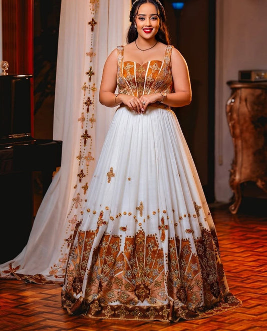 Sleeveless Habesha Wedding Dress & Groom’s Set – Orange &amp; Brown Cross Embroidery | Shiromeda Threads