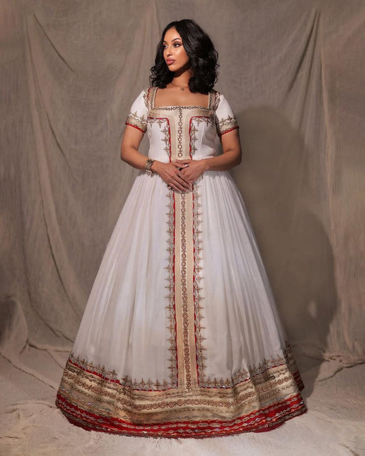 Red & Gold Cross Embroidered Ethiopian Wedding Dress – Royal Elegance | Shiromeda Threads