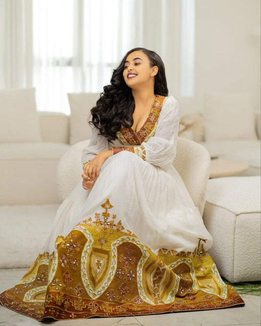 V-Neck Ethiopian Event Dress – Brown-Themed Embroidery Elegance | Shiromeda Threads