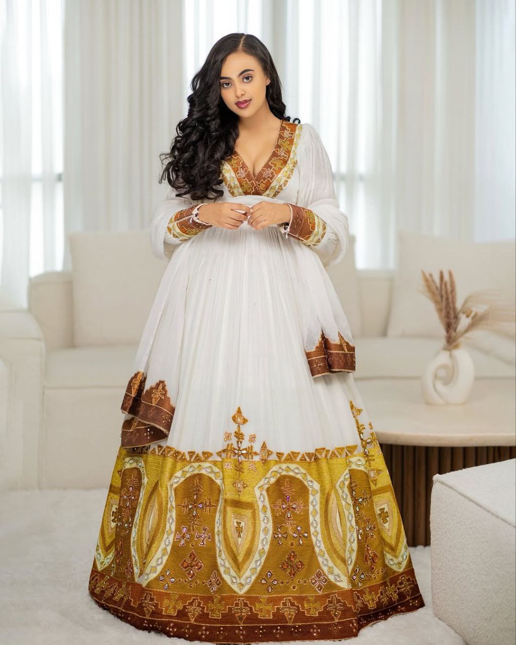 V-Neck Ethiopian Event Dress – Brown-Themed Embroidery Elegance | Shiromeda Threads