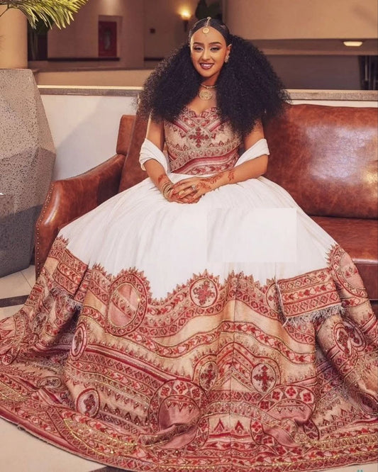 Embroidered Ethiopian Wedding Dress with Shiny Stone Accents – Radiant Heritage | Shiromeda Threads