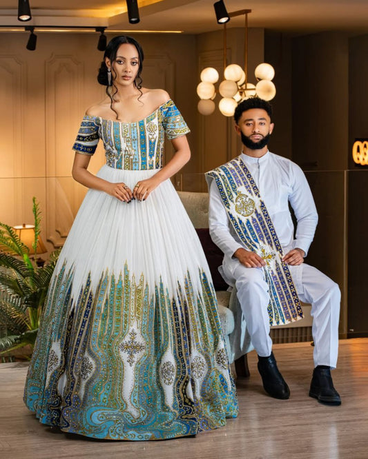 Embroidered Ethiopian Wedding Dress & Groom’s Set – Shiny Stone Elegance | Shiromeda Threads