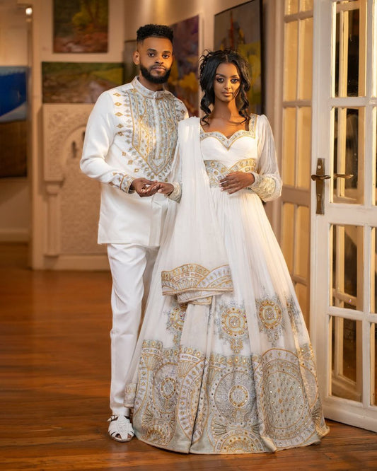 Royal Blue Ethiopian Wedding Dress & Groom’s Set – Shiny Stone Majesty | Shiromeda Threads