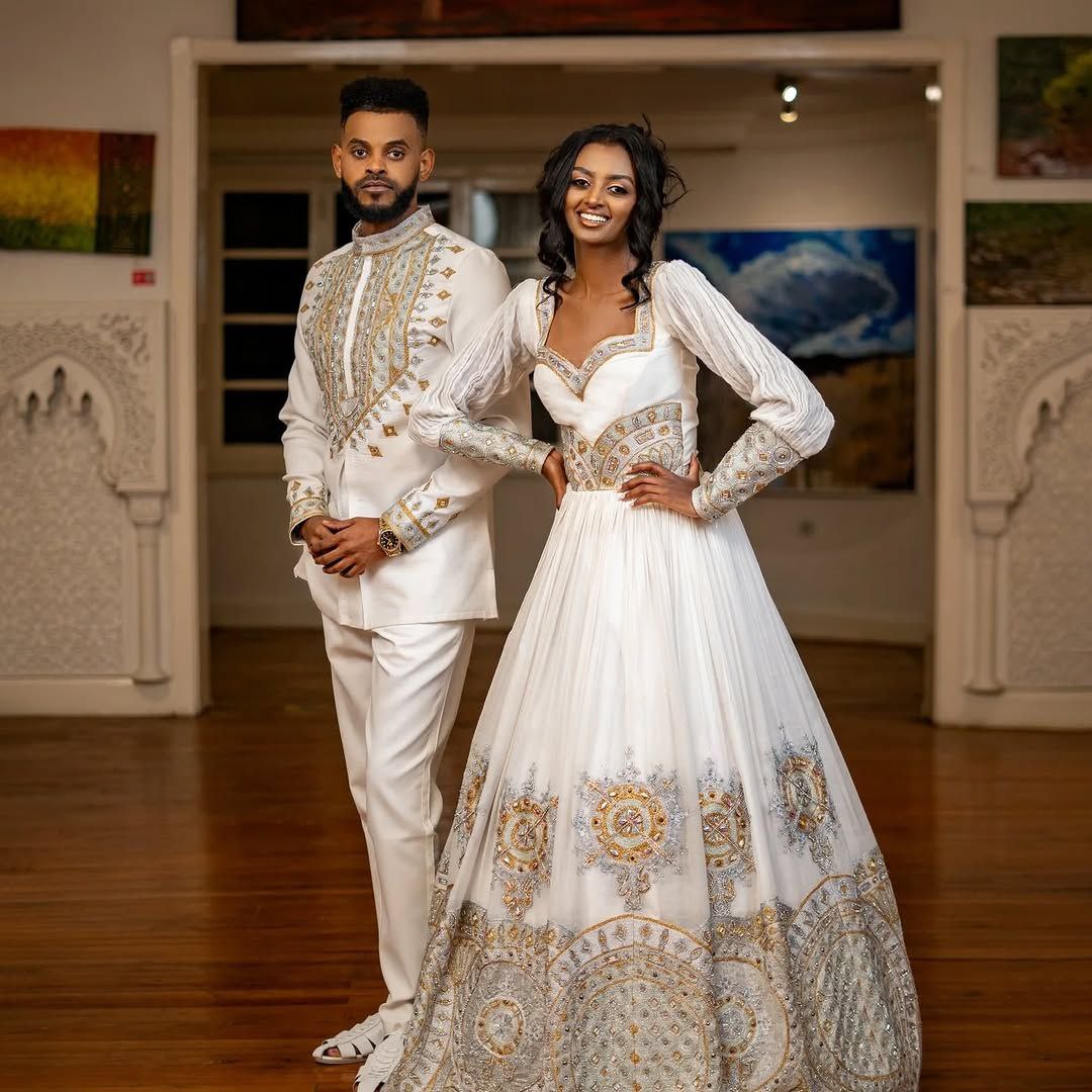 Royal Blue Ethiopian Wedding Dress & Groom’s Set – Shiny Stone Majesty | Shiromeda Threads