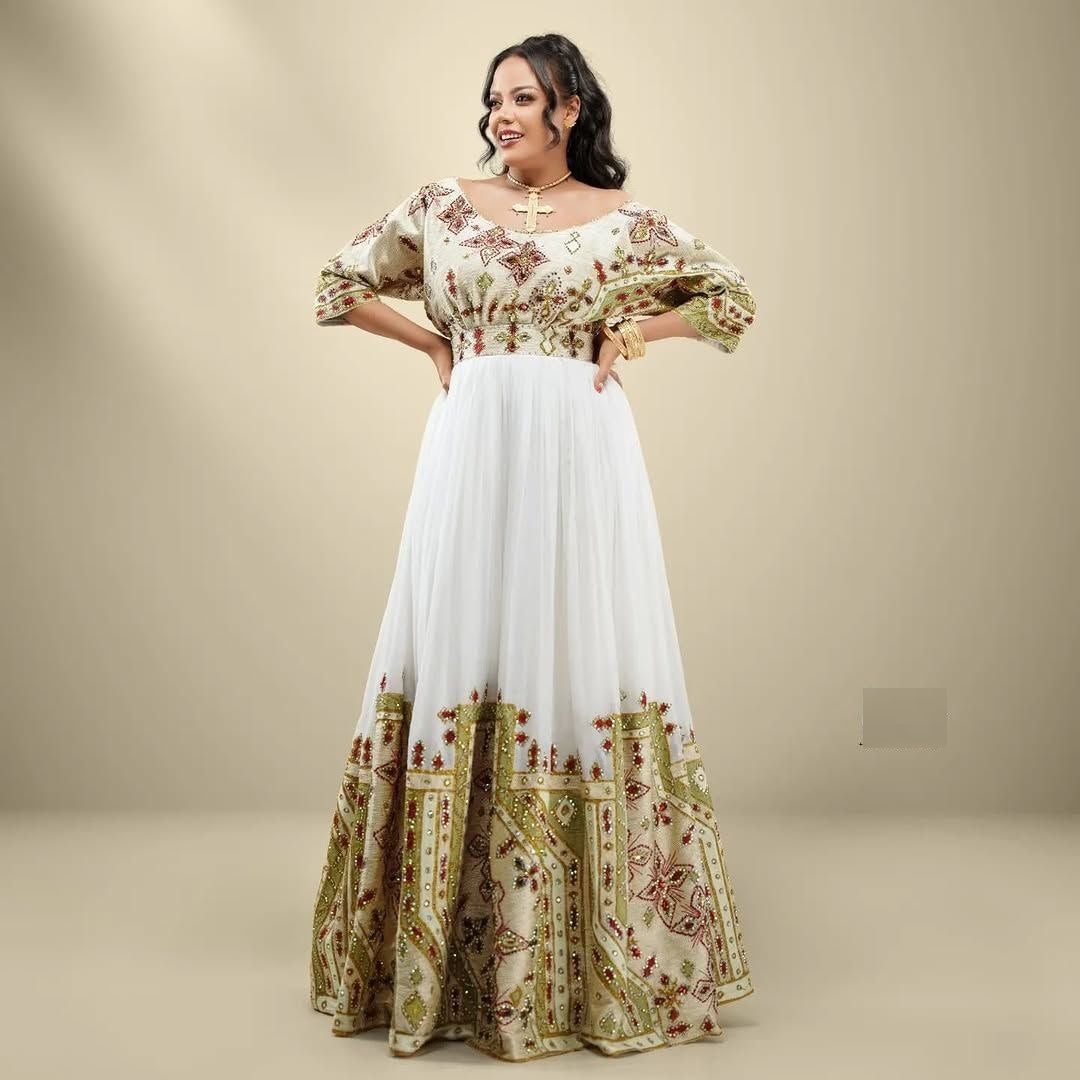Green-Themed Embroidered Ethiopian Wedding & Event Dress – Shimmering Elegance | Shiromeda Threads